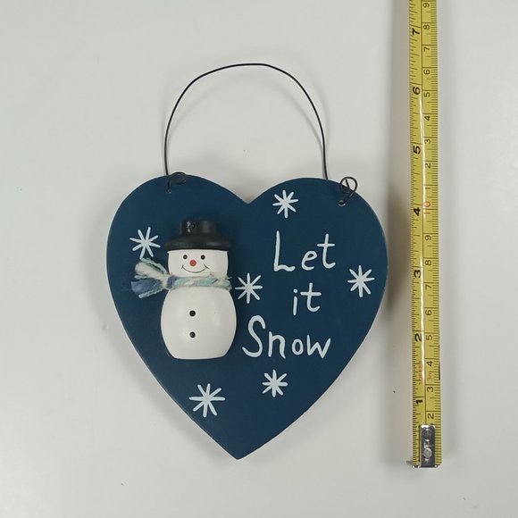 "Let it Snow" Snowman & Snowflake Blue Heart Wooden Christmas Hanging Ornament - Picture 4 of 4